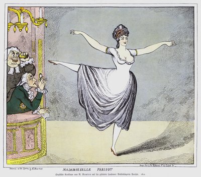 Engelse cartoon die mannelijke leden van het publiek toont die geboeid zijn door een optreden van de controversiële Franse ballerina Mademoiselle Parisot, 1802 door Richard Newton